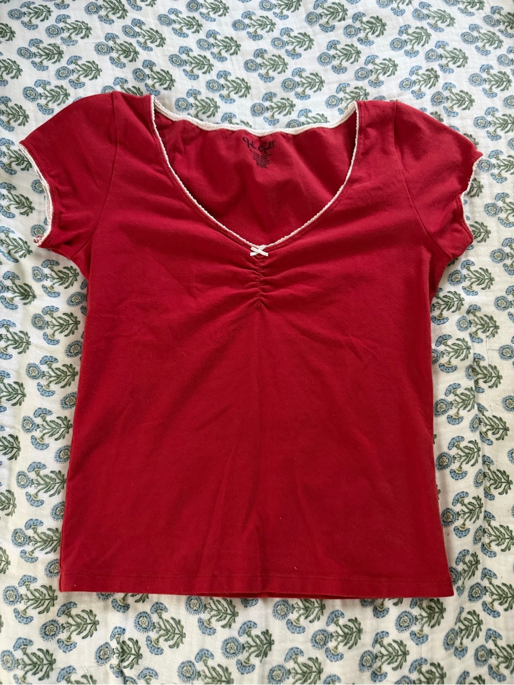 Brandy Melville Red Short Sleeve Lace trim Top